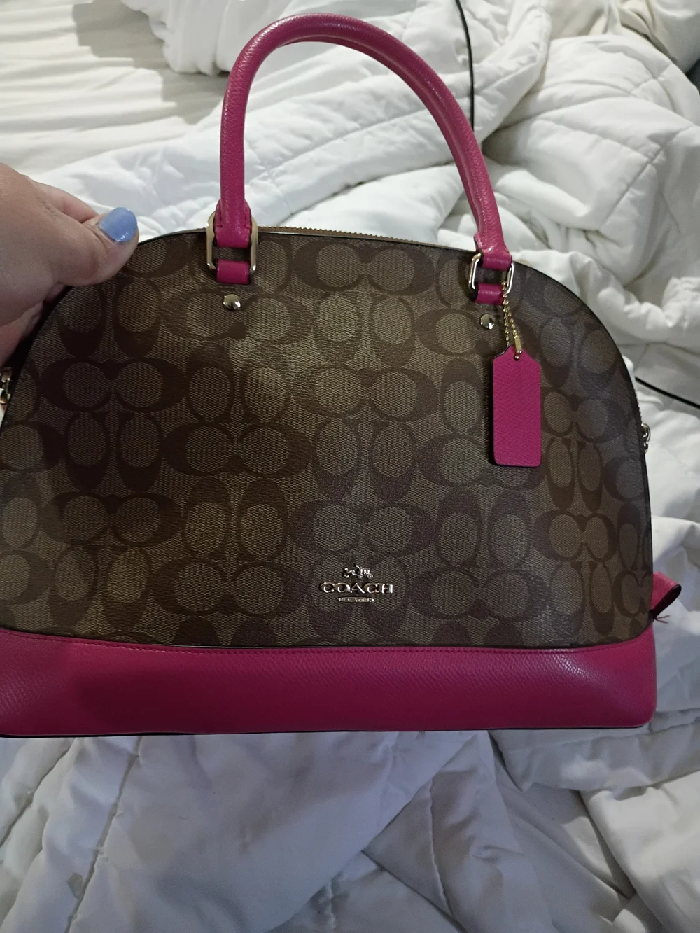 Coach Brown Signature Satchel with Pink Trim